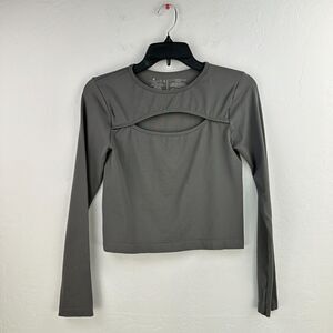 Boom Boom Jeans Crop Top Womens Large Gray Nylon‎ Stretch Cut Out Long Sleeve